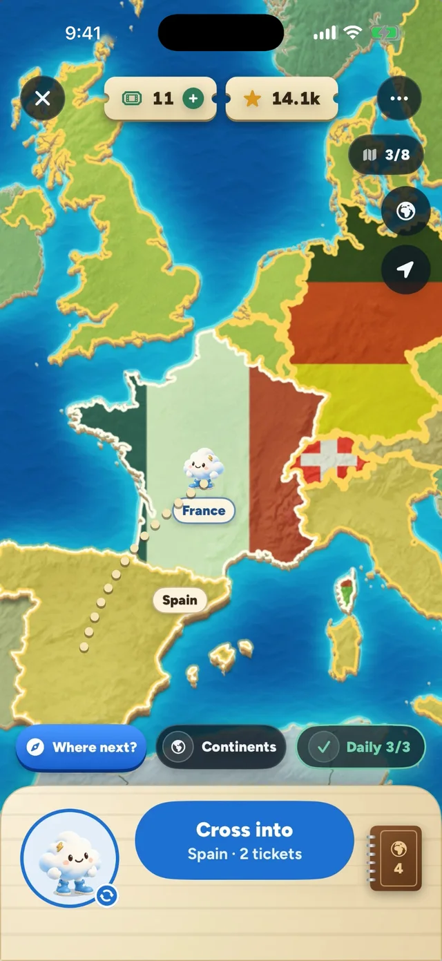Expedition: your explorer on the map of Europe, ready to cross into Spain