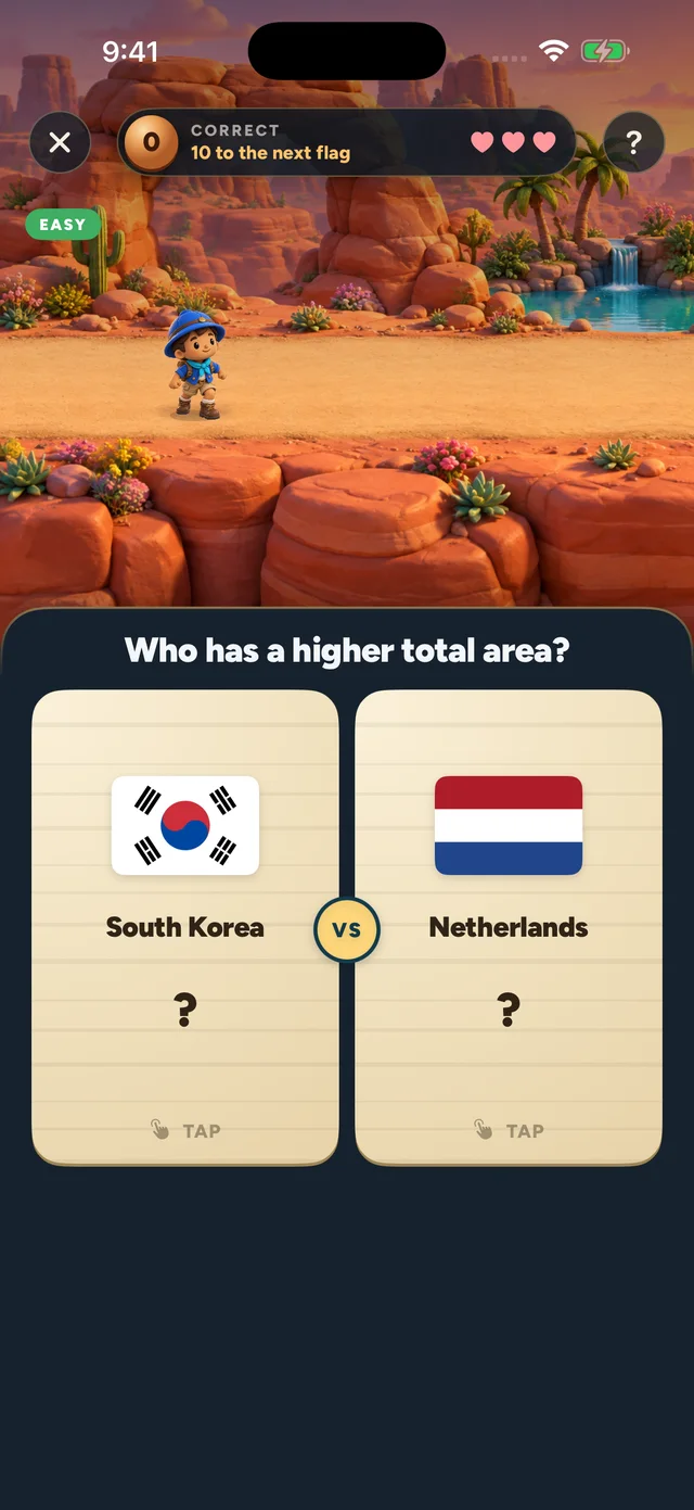 Survival: who has a higher total area, South Korea or the Netherlands?